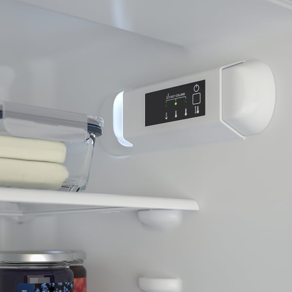 A modern refrigerator with an adjustable shelf holding butter and a digital control panel for settings.
