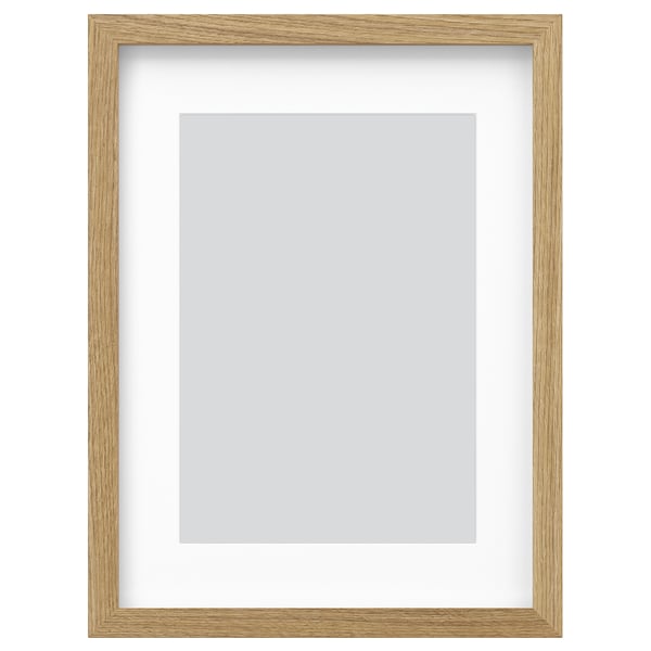 RÖDALM frame, natural oak, modern design, rectangular shape, empty with grey mat, wood grain texture.
