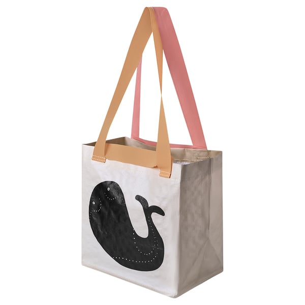Romelson silver tote bag with whale design, pink handles.