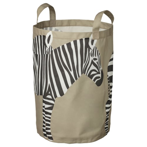 SANDLÖPARE: beige laundry bag with zebra print, sturdy, carry handles, recycled fabric.