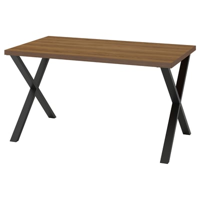 SKÅLSTA wooden table, sleek design, dark brown top, black metal legs, rectangular shape.