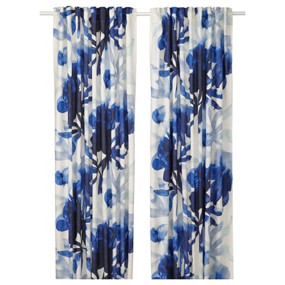 SKOGSNÄSSLA Curtains, 1 pair, white/blue floral pattern/with heading tape, 145x300 cm