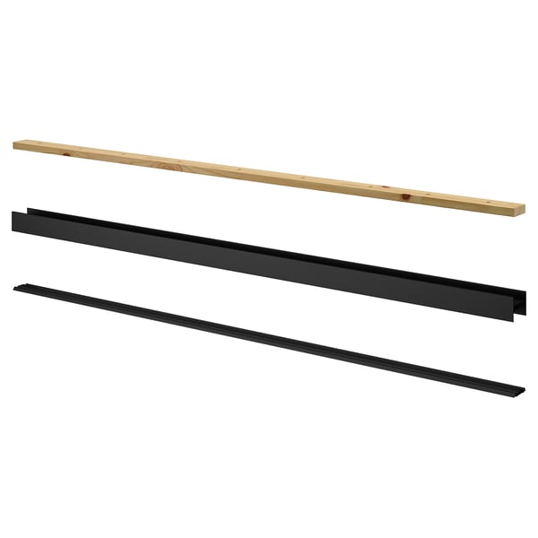 SKYTTA rail parts for sliding doors: wooden top, black aluminium bottom rails.
