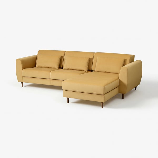 Modern beige l-shaped SLATORP sofa, wood legs, cushioned seats, and backrests for comfort.