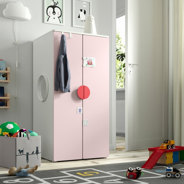 SMÅSTAD wardrobe: pink & white doors, adjustable feet
