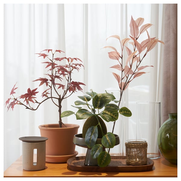 Shelf with red/green/peach plants, glass vase, green candle.