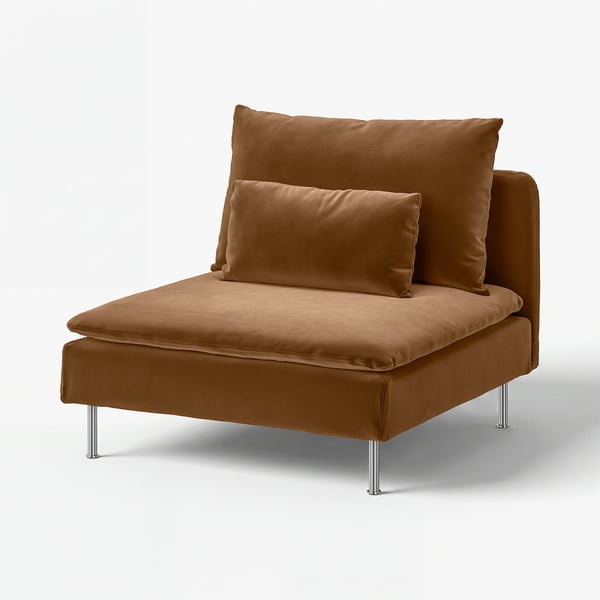 A brown, ergonomic, low-profile SÖDERHAMN chair with plush cushions, supported by stainless steel legs.