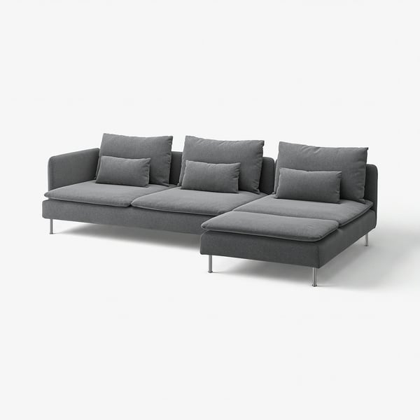 SÖDERHAMN grey sectional sofa, soft, deep seats, clean design, chrome legs, 10-year guarantee.