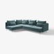 Modern teal sectional sofa, deep seats, slim lines, high legs, with multiple cushions.