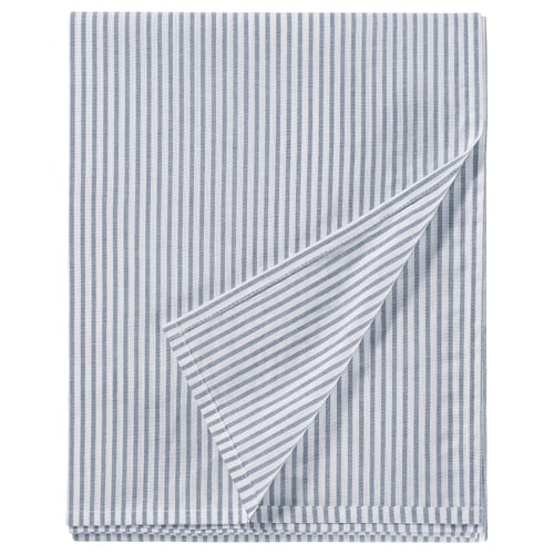 Blue and white striped bed sheet, rectangular, made from recycled cotton, neatly folded.