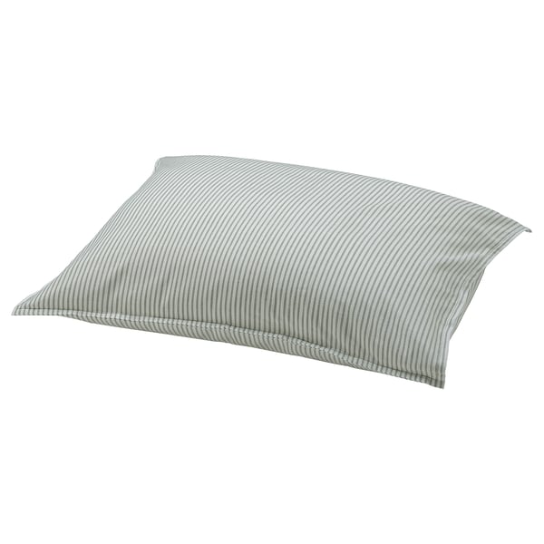 A rectangular SOLFIBBLA pillow with light green and white stripes, made of recycled cotton in a soft, stripy design.
