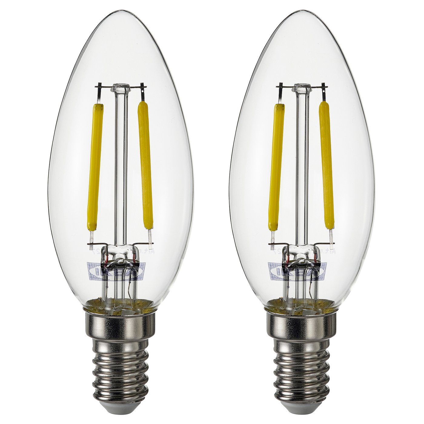 Two warm-white led light bulbs with clear glass covers and silver bases, sides by side.