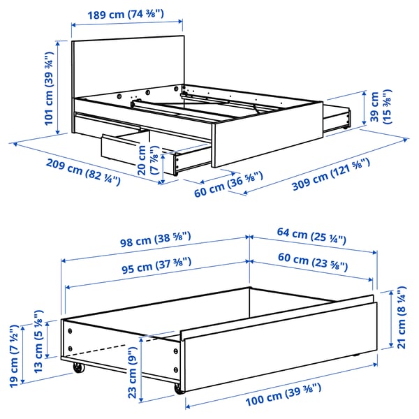 STORKLINTA Bed frame with 4 storage boxes, oak effect, 180x200 cm