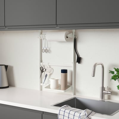 SUNNERSTA kitchen organiser, white, steel, holds paper and tools, fits under cabinets.