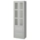 Elegant grey TÄNNFORSEN cabinet with glass doors for bathroom. Bevelled panels, drawers, and wall-mounting option for a timeless look.