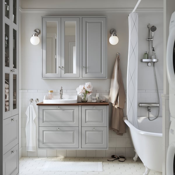 TÄNNFORSEN / RUTSJÖN Wash-stand/wash-basin, light grey/brown walnut effect, 102x49x76 cm