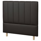 TJÅLLE black headboard, modern design with padded dark grey fabric, wooden legs, vertical stitching.