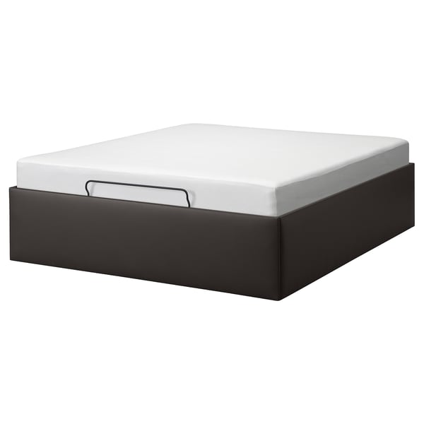 TJÅLLE bed frame in black with white mattress and lift-up storage.