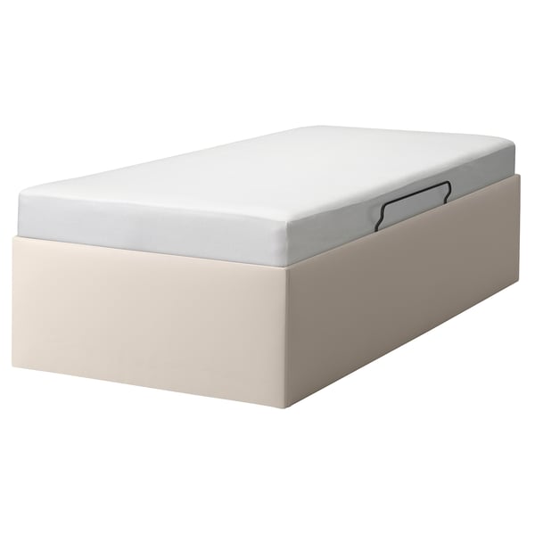 Modern beige TJÅLLE storage bed with upholstered fabric and gas spring lid.