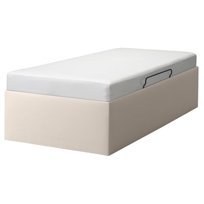 Modern beige TJÅLLE storage bed with upholstered fabric and gas spring lid.