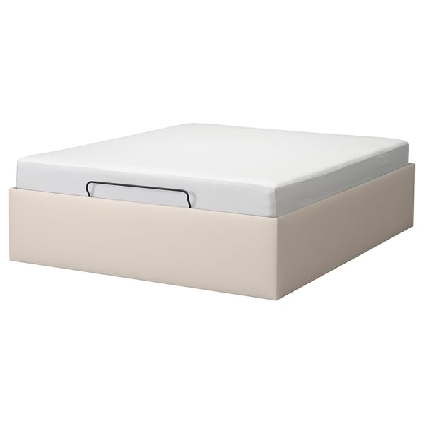 TJÅLLE storage bed in beige with white mattress, rectangular shape, modern design.