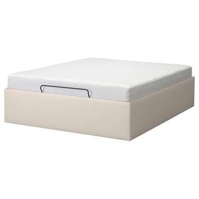 TJÅLLE storage bed in beige with white mattress, rectangular shape, modern design.