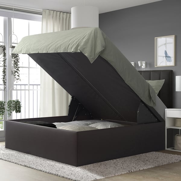 TJÅLLE Upholstered ottoman bed, with headboard/Bomstad dark brown, 160x200 cm