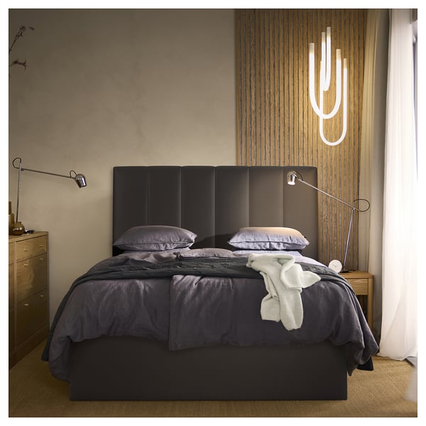 TJÅLLE Upholstered ottoman bed, with headboard/Bomstad dark brown, 140x200 cm