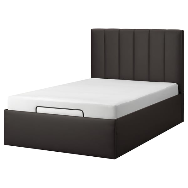 Modern black platform bed with padded headboard, sleek design.