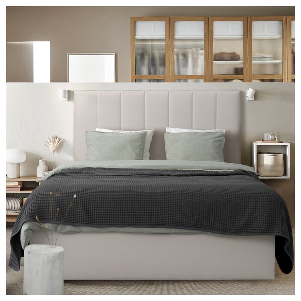TJÅLLE Upholstered ottoman bed, with headboard/Bomstad white, 160x200 cm
