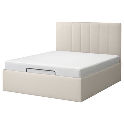 TJÅLLE bed, off-white, modern, upholstered, rectangular, sleek design.