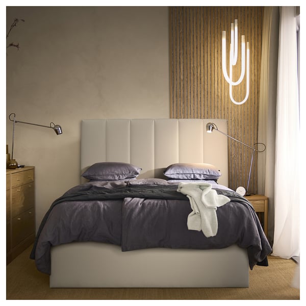 TJÅLLE Upholstered ottoman bed, with headboard/Bomstad white, 140x200 cm