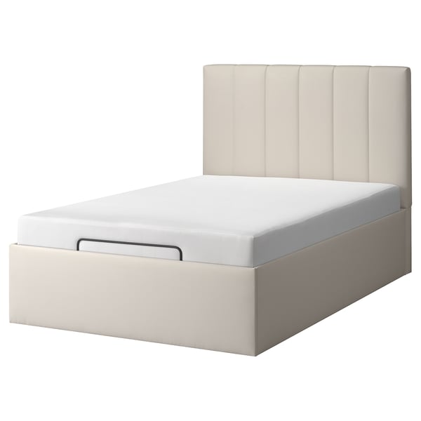 Minimalist bed with a beige headboard and upholstered frame, featuring a modern design.