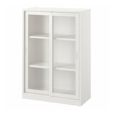 A white TONSTAD cabinet with glass doors, three shelves, and a sleek design.