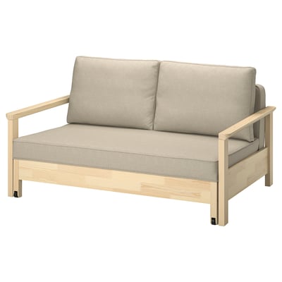 TORNSBORG sofa bed, light brown, wooden frame, beige cushions, modern design.