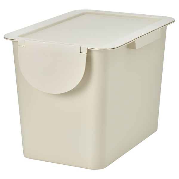 A cream-colored TRÖSKNING waste sorting bin. Its cream, square-shaped with a lid, and made of recycled plastic.