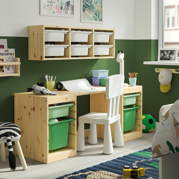 TROFAST Desk with storage boxes, light white stained pine/light green bright green, 124x44x52 cm