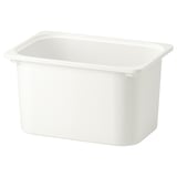 Displays a white TROFAST storage box made of durable recycled plastic, designed for organising toys and books.