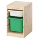 IKEA TROFAST light pine storage unit with green and white plastic bins. Rectangular, open front design with two compartments.