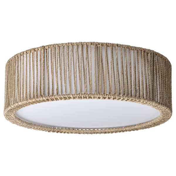 TRUBBRUFSE light: circular, linen shade, white centre, rope-like texture, natural materials.