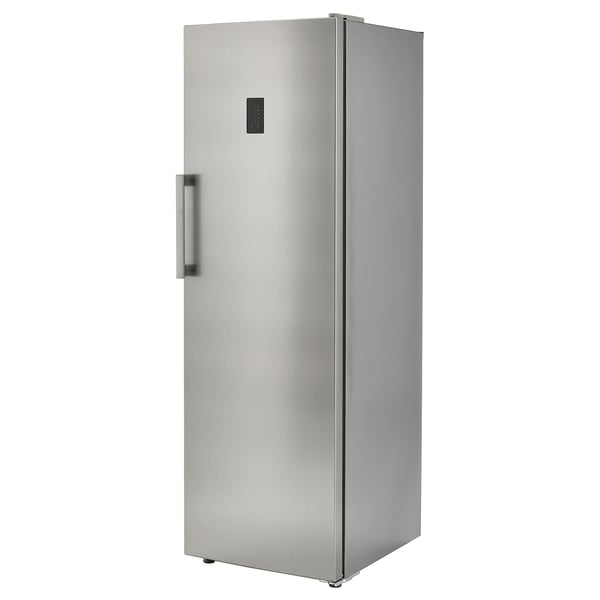 A tall, stainless steel refrigerator named TYNNERÅS. It has a sleek, narrow design with a handle on the right side and digital display at the top.