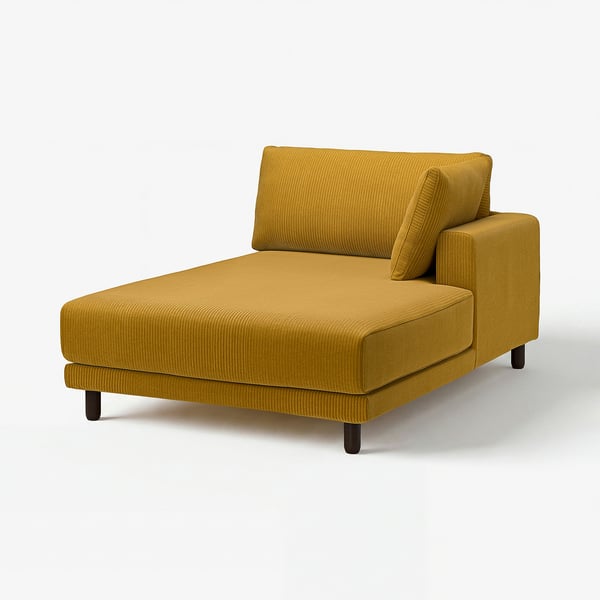 Mustard-yellow UPPÅKRA sofa, modern design, cosy cushions, wooden legs.
