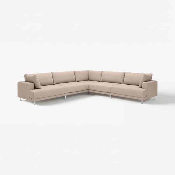 Modern u-shaped sofa, beige, fabric, large cushions, chrome legs.