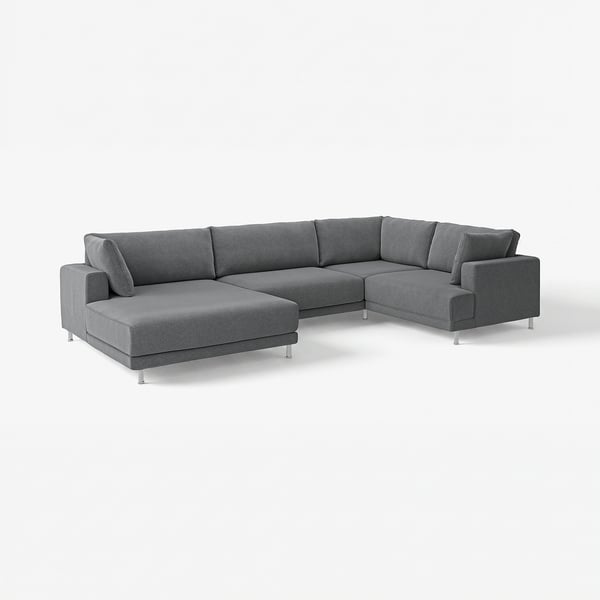 The UPPÅKRA sofa in grey, showcasing a modern, modular design with plush cushions and metal legs, suitable for family use.