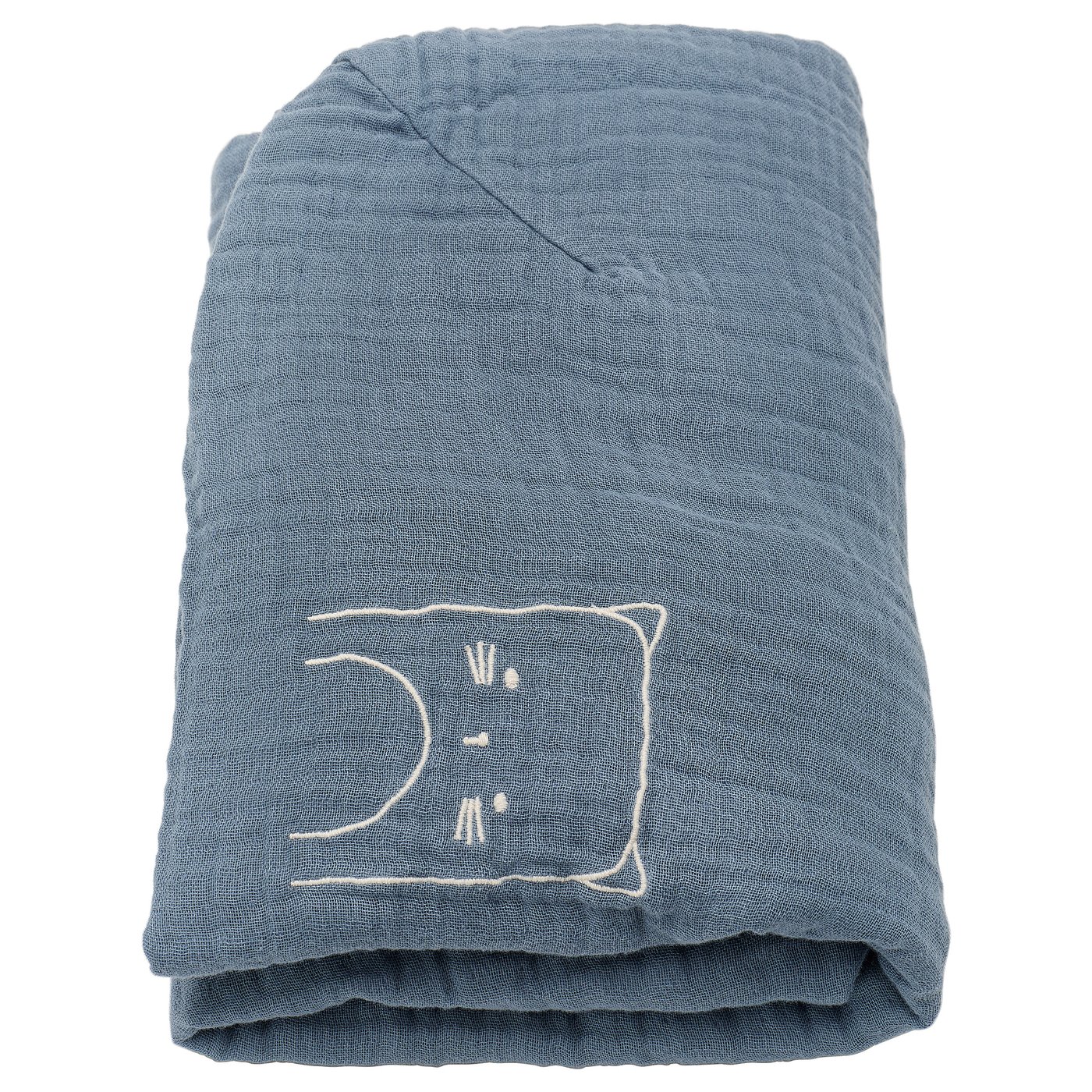 Folded blue organic cotton baby mat cover with white embroidered cat.