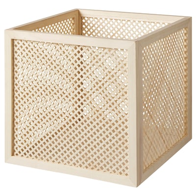 A VÄLTNING storage box, light brown, made of lacquered poplar wood with a lattice design, perfect for kallax shelving.
