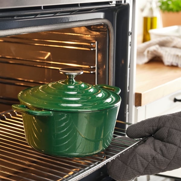 VARDAGEN Pot with lid, enamelled cast iron dark grey-green, 3 l