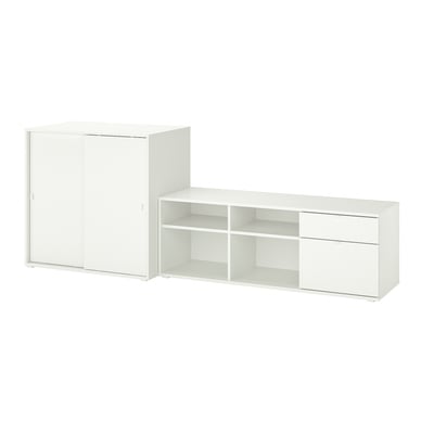 White VIHALS storage set, modern minimalist design. Includes cabinet with sliding doors and open tv unit.