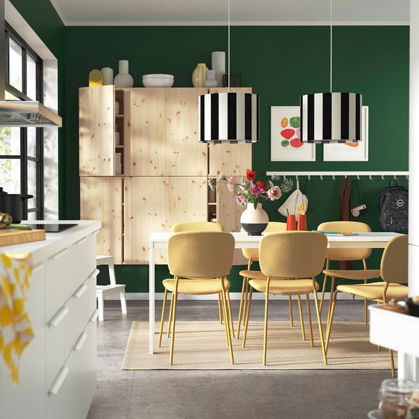VIHALS / VIHALS Table and 6 chairs, white/yellow Tibbleby yellow, 120/180x74 cm