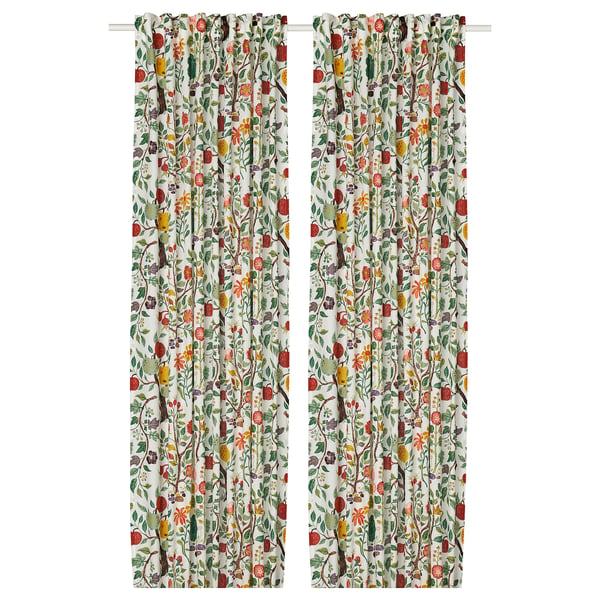 Pair of floral white VILDPERSILJA curtains, featuring colourful flowers, cotton/ramie blend, light filtering.